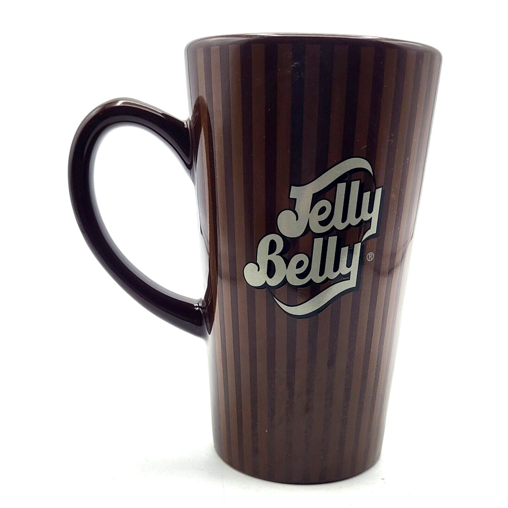 JELLY BELLY Tall Mug Brown Striped Ceramic 14 Ounce Capacity 6"